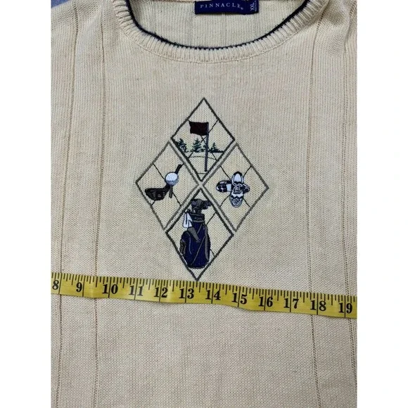 Pinnacle Embroidered Sweater Mens 2XL Yellow Golf Ribbed Cotton Knit Pullover - Picture 6 of 10